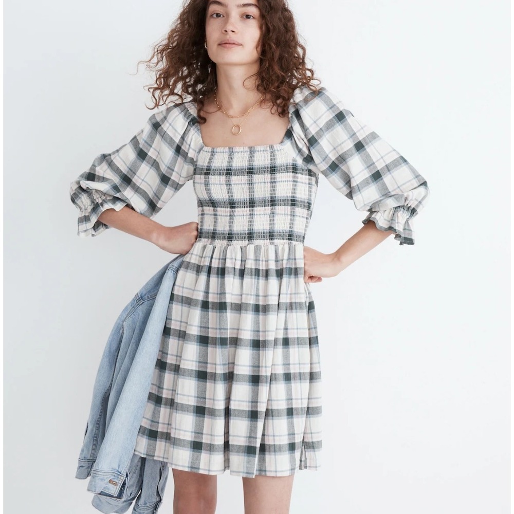 Madewell XXL Lucie‎ Elbow-Sleeve Smocked Mini Dress in Lebaum Plaid Cottagecore